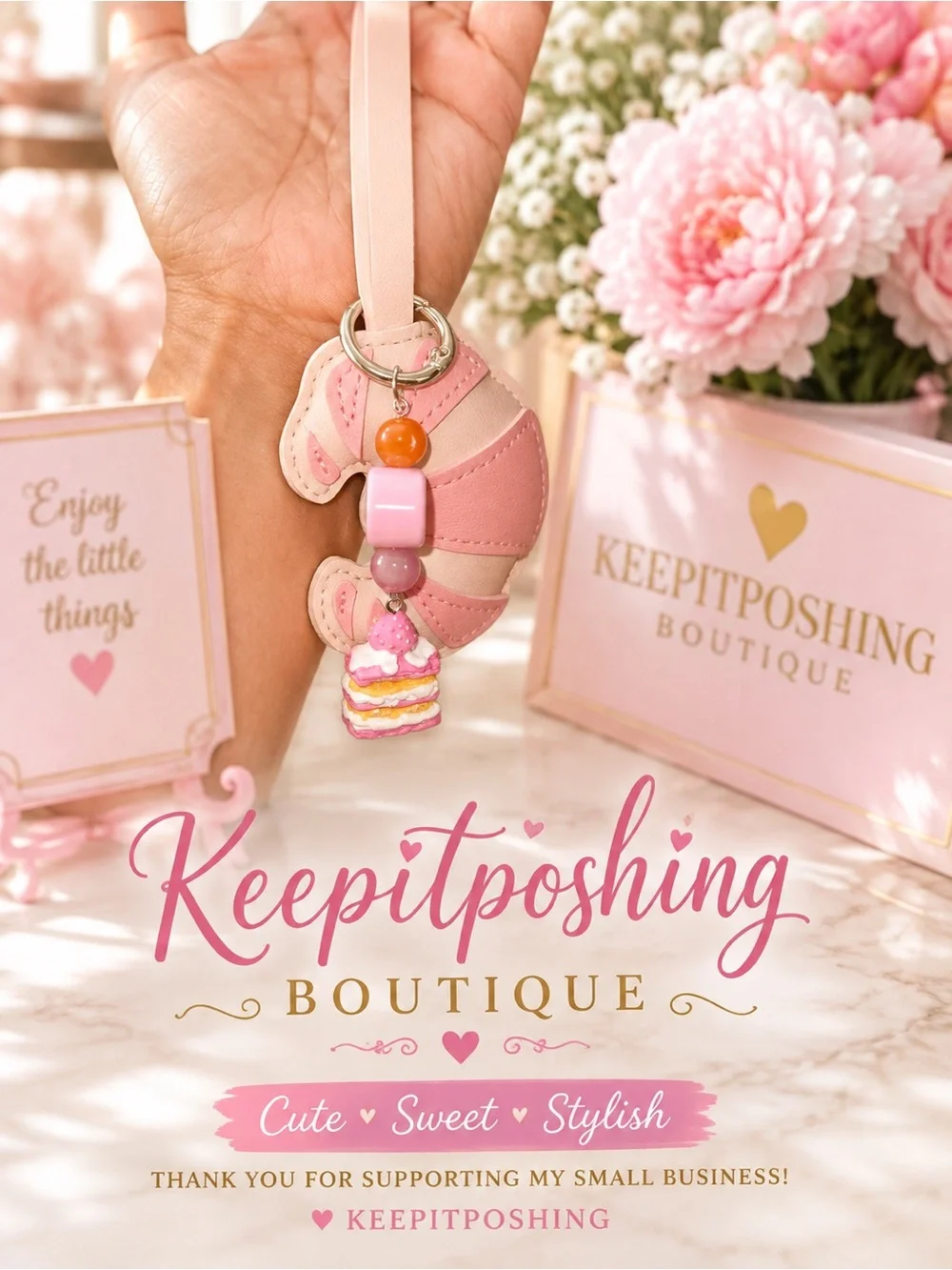 Croissant pink and cream Keychain Charm